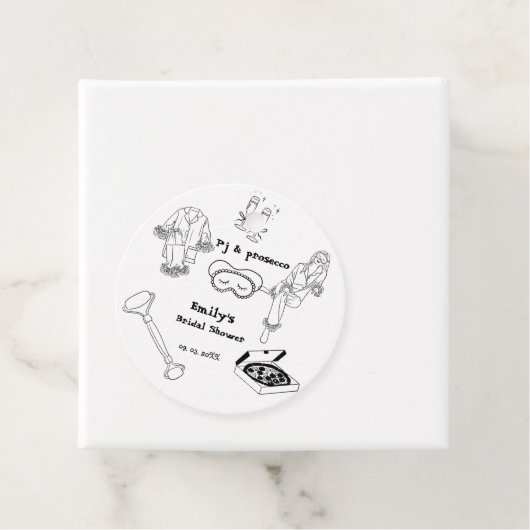 手描きのピジューとプロセッコのブライズシャワー フェイバータグ (インサイチュ)