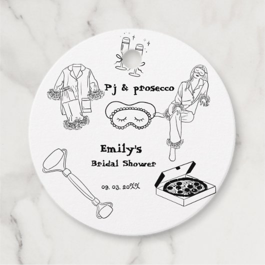 手描きのピジューとプロセッコのブライズシャワー フェイバータグ (正面)