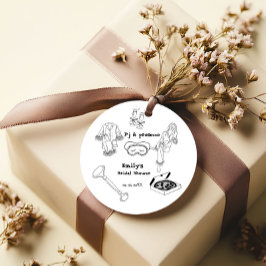 手描きのピジューとプロセッコのブライズシャワー フェイバータグ