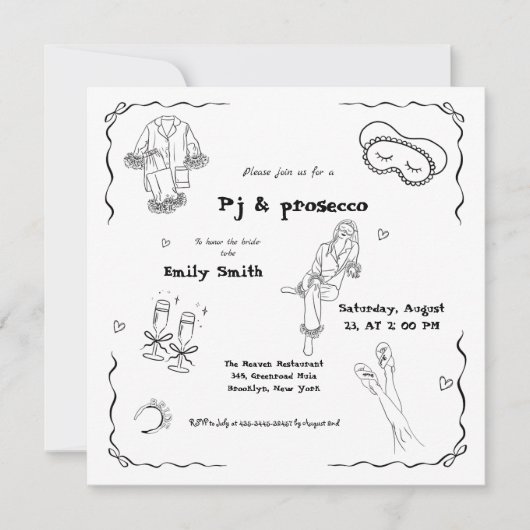 手描きのピジューとプロセッコのブライズシャワー 招待状 (正面)