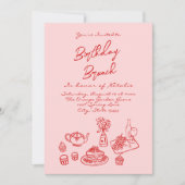 手描きのピンクでクールな写真 ファン バースデー ブランチ 招待状 (正面)