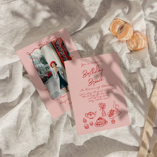 手描きのピンクでクールな写真 ファン バースデー ブランチ 招待状