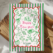 手描きのピンクとグリーンの幸せな新年の挨拶 シーズンカード