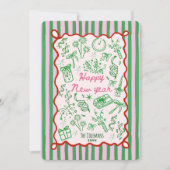 手描きのピンクとグリーンの幸せな新年の挨拶 シーズンカード (正面)