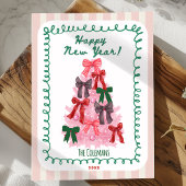 手描きのピンクとグリーンの新年の木の挨拶 シーズンカード