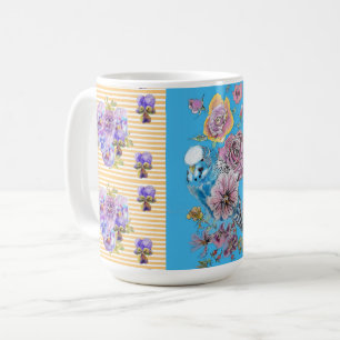 手描きのピンクとブルーのセキセイインコの花模様の鳥のマグカップ コーヒーマグカップ