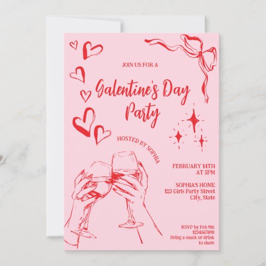 手描きのピンクと赤のガレンティーンズデーパーティー 招待状 (正面)