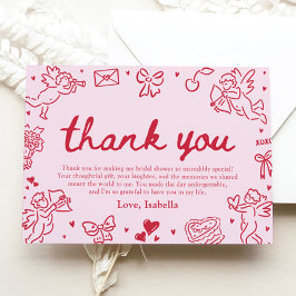 手描きのピンクと赤のハート バレンタイン ブライダルシャワー サンキューカード