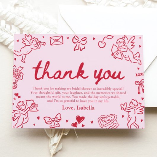 手描きのピンクと赤のハート バレンタイン ブライダルシャワー サンキューカード