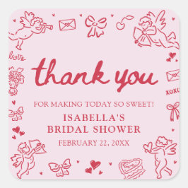 手描きのピンクと赤のハート バレンタイン ブライダルシャワー スクエアシール