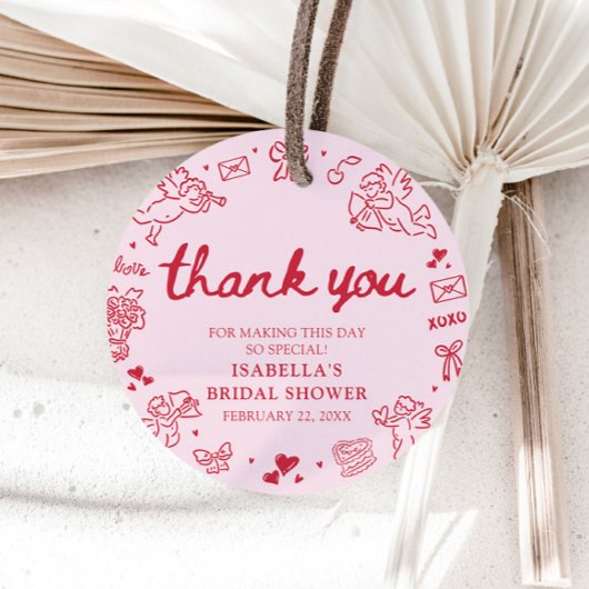 手描きのピンクと赤のハート バレンタイン ブライダルシャワー フェイバータグ