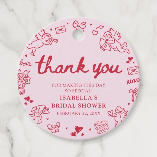 手描きのピンクと赤のハート バレンタイン ブライダルシャワー フェイバータグ (正面)