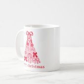 手描きのピンクと赤のリボンのクリスマスツリー コーヒーマグカップ (正面左)