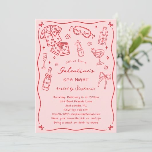 手描きのピンクと赤の愛らしいガレンティーンスパパーティ 招待状 (スタンド正面)