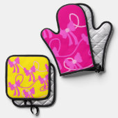 手描きのピンクと黄色の弓のリボン ラバーズ 鍋つかみ&鍋敷きセット (正面/裏面)
