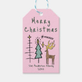 手描きのピンクのクリスマスツリーとトナカイ ギフトタグ (正面)