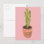 手描きのピンクのサボテンのテラコッタ植木鉢 ポストカード (正面/裏面)