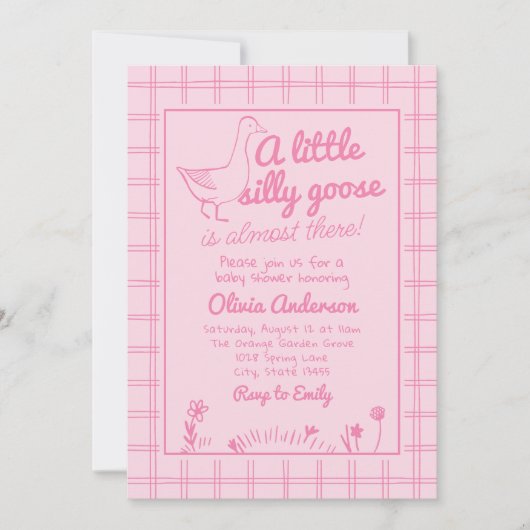 手描きのピンクのシリ―なガチョウの赤ちゃん女の子のシャワー 招待状 (正面)