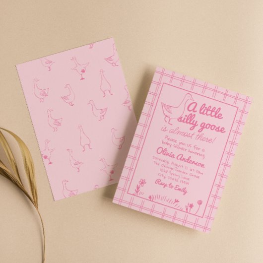 手描きのピンクのシリ―なガチョウの赤ちゃん女の子のシャワー 招待状