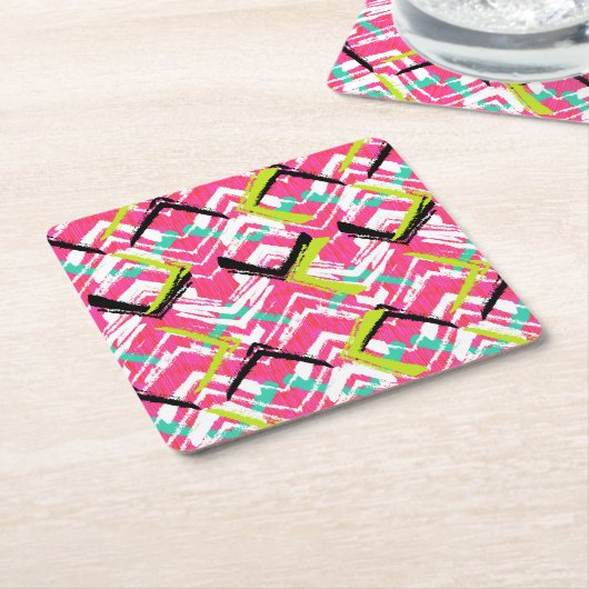 手描きのピンクのジグザグパターン スクエアペーパーコースター (アングル)