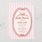 手描きのピンクのストライプが可愛らしい ブライダルシャワーのお知らせ 招待状 (正面/裏面)