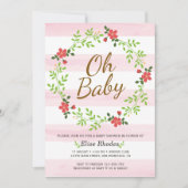 手描きのピンクのストライプの花輪 ベビーシャワー 招待状 (正面)