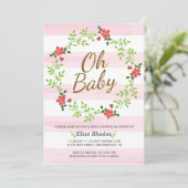 手描きのピンクのストライプの花輪 ベビーシャワー 招待状 (スタンド正面)