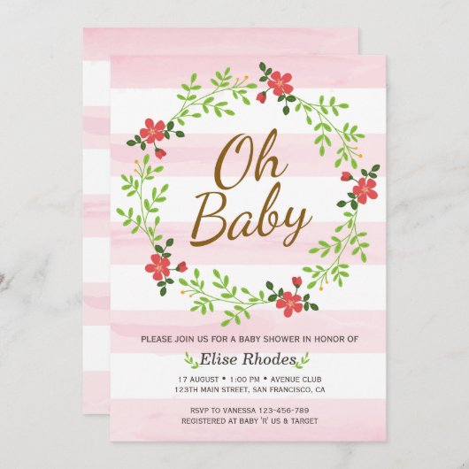 手描きのピンクのストライプの花輪 ベビーシャワー 招待状 (正面/裏面)