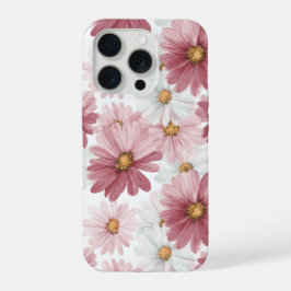 手描きのピンクのデイジー 白い花柄 iPhone 15 PROケース