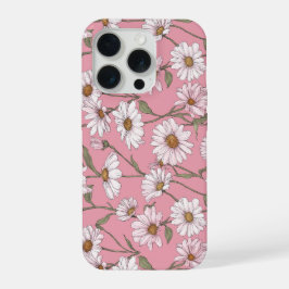 手描きのピンクのデイジー 白い花柄 iPhone 15 PROケース
