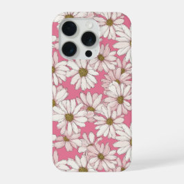 手描きのピンクのデイジー 白い花柄 iPhone 15 PROケース