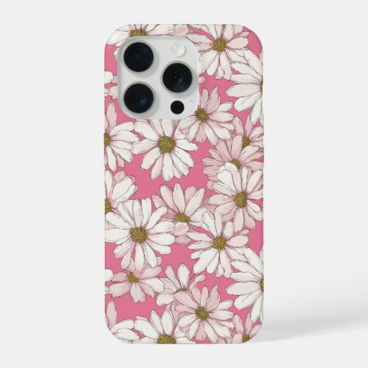 手描きのピンクのデイジー 白い花柄 iPhoneケース (裏面)