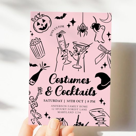 手描きのピンクのハロウィンパーティー招待状 招待状