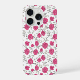 手描きのピンクのバラ 白い花柄 iPhone 15 PROケース