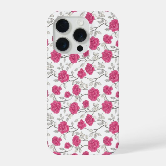 手描きのピンクのバラ 白い花柄 iPhoneケース (裏面)