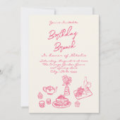 手描きのピンクのブランチ誕生日写真 招待状 (正面)