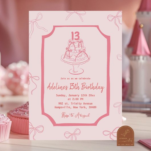 手描きのピンクのリボンのケーキ 誕生日おめでとう 招待状