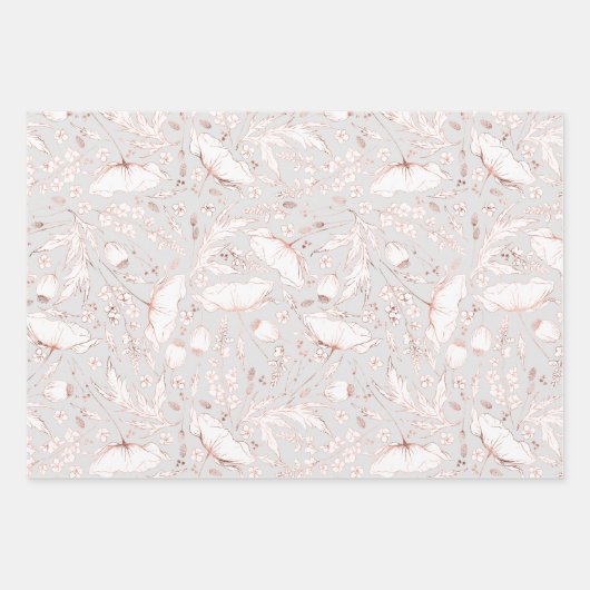 手描きのピンクのワイルドフラワースケッチパターン エレガント ラッピングペーパーシート (正面3)