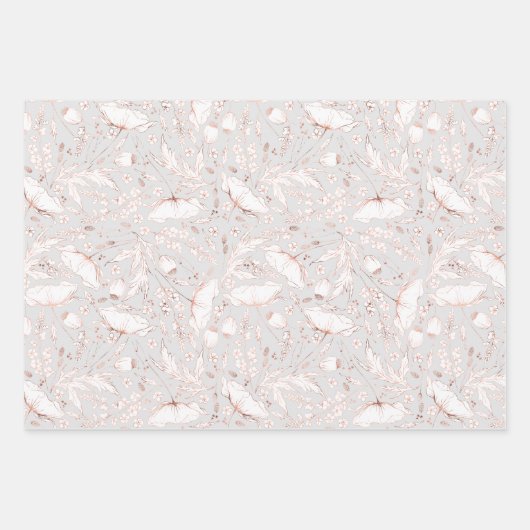 手描きのピンクのワイルドフラワースケッチパターン エレガント ラッピングペーパーシート (正面2)