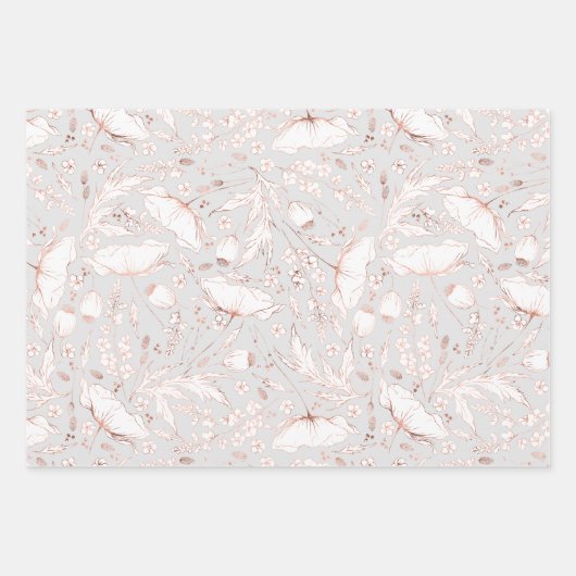 手描きのピンクのワイルドフラワースケッチパターン エレガント ラッピングペーパーシート (正面)