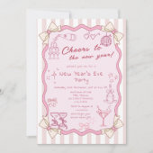 手描きのピンクの新年パーティー 招待状 (正面)