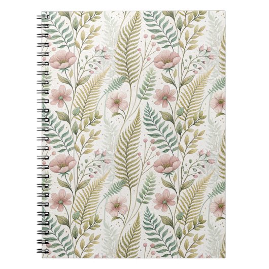 手描きのピンクの花の植物画フラワーパターン ノートブック (正面)
