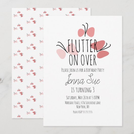 手描きのピンクの蝶々 誕生日招待状 招待状 (正面/裏面)