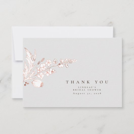 手描きのピンクゴールドのワイルドフラワーのエレガントな感謝 サンキューカード (正面)