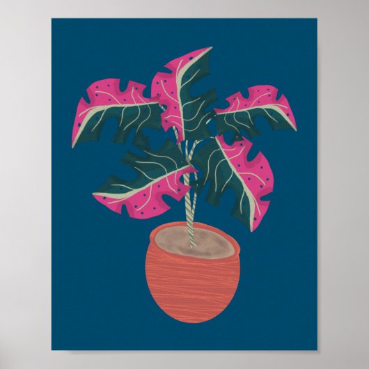 手描きのピンクモンステラの植物 ポスター (正面)