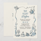 手描きのファンキーで気まぐれなレトロなリハーサルディナー 招待状 (正面/裏面)