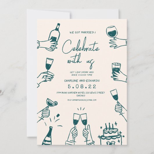 手描きのファンキーで現代的なウェディング 招待状 (正面)