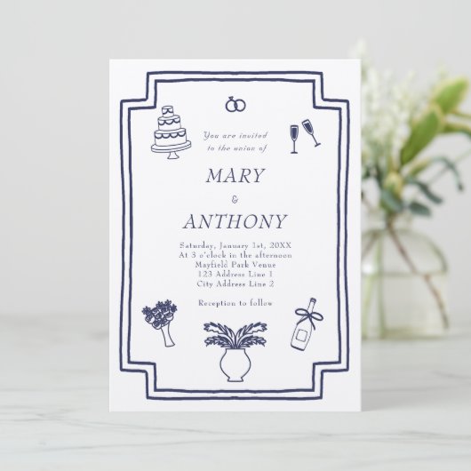 手描きのフランス風イラスト結婚式招待状 招待状 (スタンド正面)