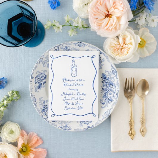 手描きのフランス風青色のリハーサルディナー 招待状