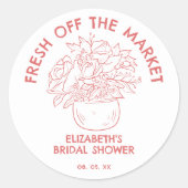手描きのフレッシュなマーケットスタイル コーラル ブライダルシャワー ラウンドシール (正面)